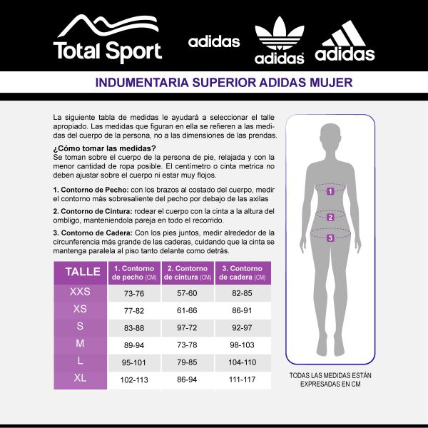 placa informativa con los datos para elegir correctamente el talle de la indumentaria superior de mujer marca Adidas